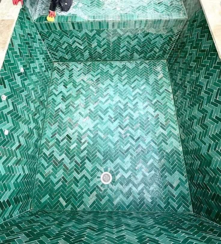 Green zellige herringbone pool interior